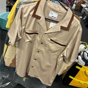 Men's EPTM Beige and Brown Short Sleeve Shirt Silk Like Sz SM Pre Owned